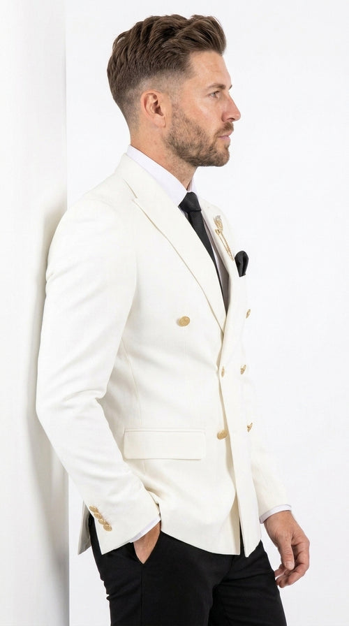 Men’s Ivory Double Breasted Blazer with Gold Buttons, Cream Off White Formal Sport Coat