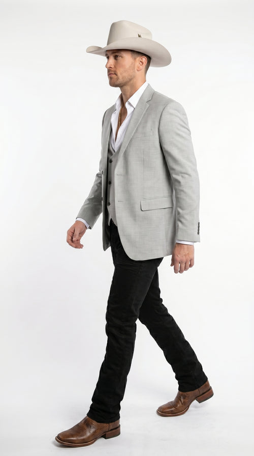 Men’s Light Gray Western Suit Blazer with Double Breasted Vest, Modern Cowboy Formal Outfit