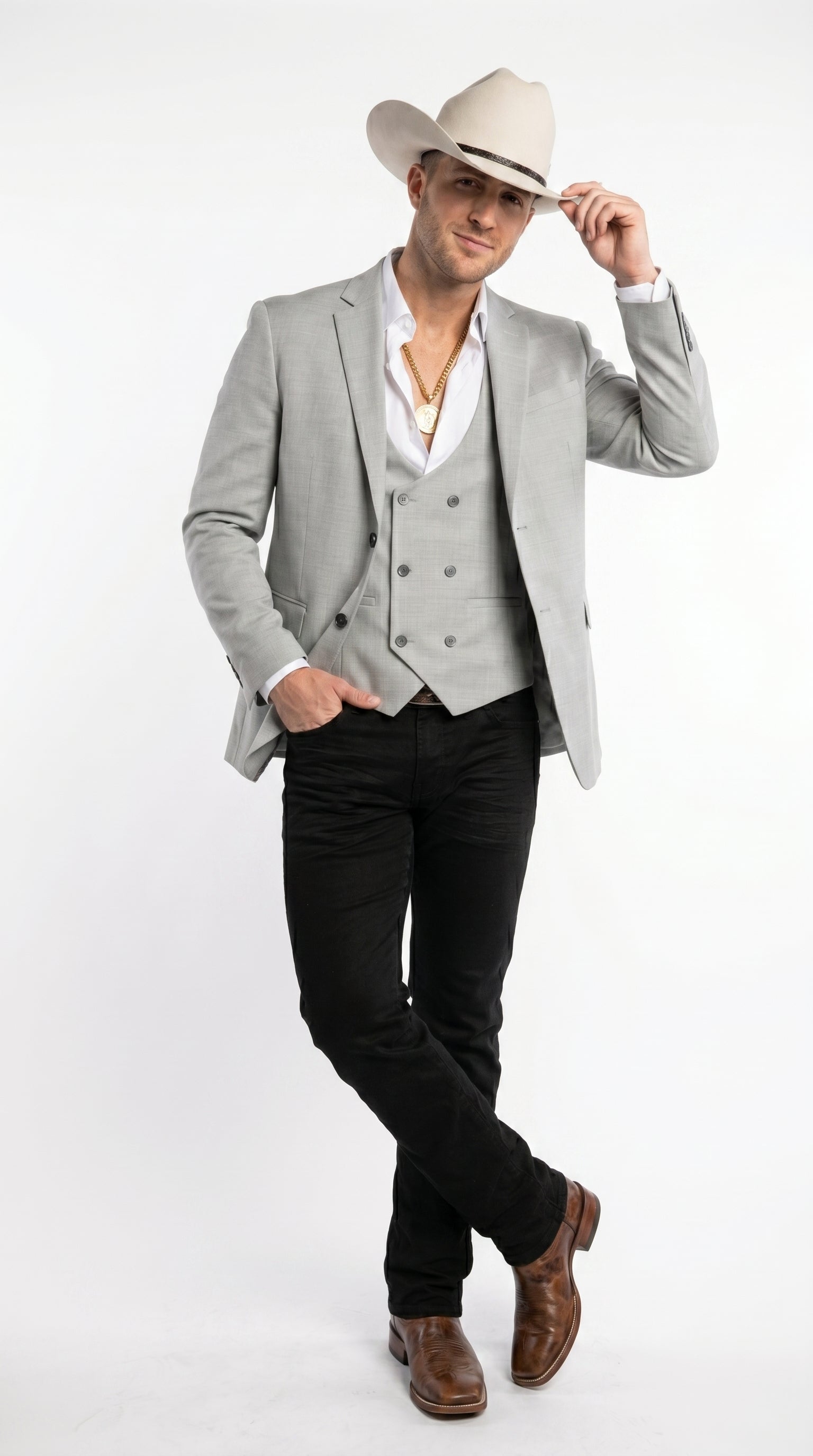 Men’s Light Gray Western Suit Blazer with Double Breasted Vest, Modern Cowboy Formal Outfit