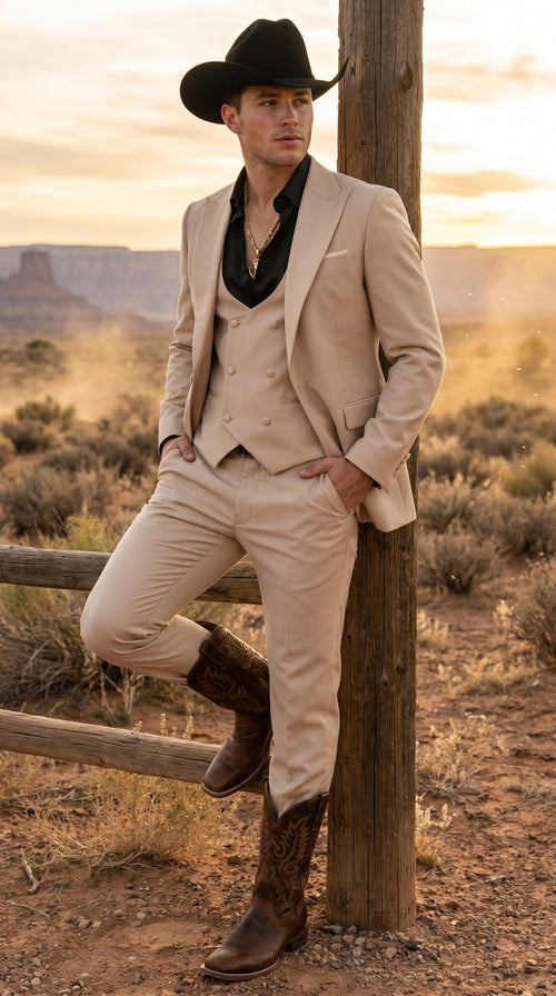 Men’s Light Beige Western 3 Piece Suit with Shawl Lapel, Cowboy Tuxedo Formal Outfit