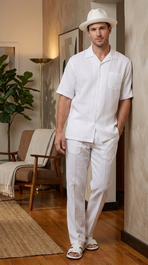 Men’s Big Size White Linen Walking Suit, Short Sleeve Shirt and Pants Casual Summer Set
