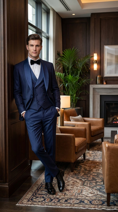 Men’s Navy Pinstripe Great Gatsby Tuxedo Suit, Shawl Collar Sateen Lapel Formal Wedding Prom Suit