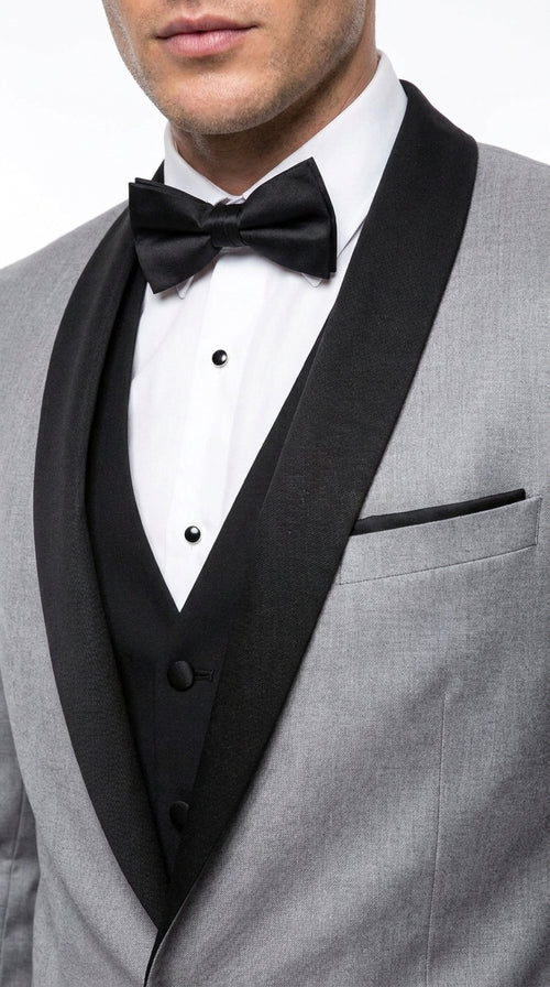 Men’s Grey and Black 3-Piece Prom Tuxedo – Vested Wedding Suit with Black Shawl Lapel