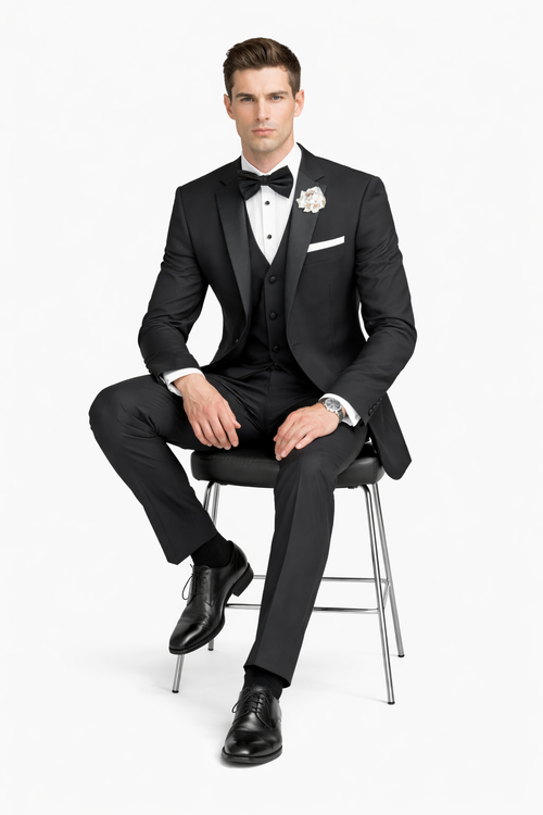 Mens Mantoni Black Tuxedo – Classic Formal Dinner Suit for Wedding, Prom and Black Tie Events