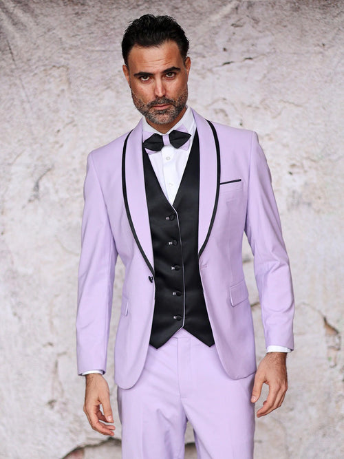 Manzini Mens Fashionable Lavender Fitted Prom Suit Tuxedo Sunset Lavender Prom Suit by Renoirin