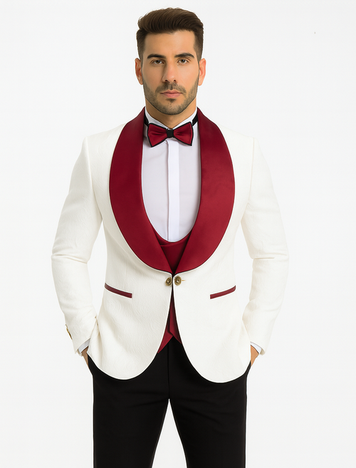 Marco Lorenzo Premium Paisley Red Velvet 4pc Suit W/ Matching Bowtie