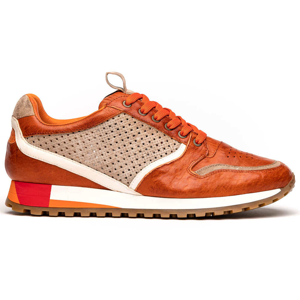 Zelli Matteo Calfskin and Perforated Suede Sneaker in Burnt Orange