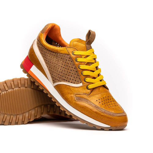 Zelli Matteo Calfskin and Perforated Suede Sneakers in Mustard