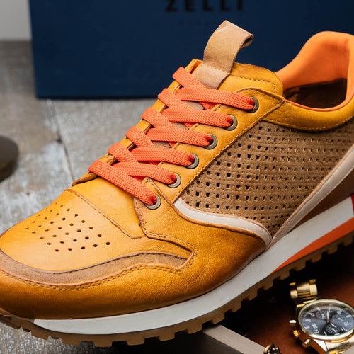 Zelli Matteo Calfskin and Perforated Suede Sneakers in Mustard