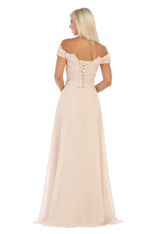 May Queen MQ1601 Off The Shoulder A-Line Corset Back Prom Gown