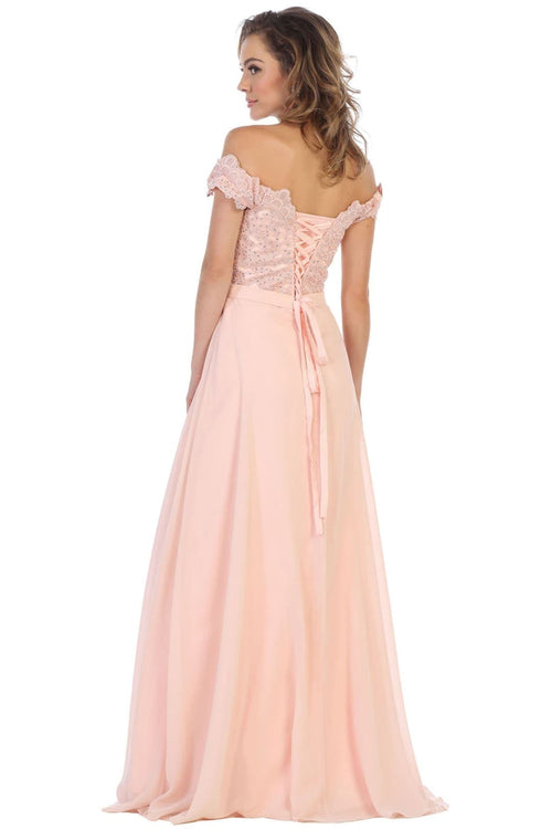 May Queen MQ1601 Off The Shoulder A-Line Corset Back Prom Gown