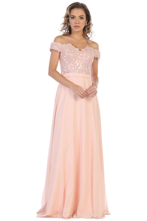 May Queen MQ1601 Off The Shoulder A-Line Corset Back Prom Gown