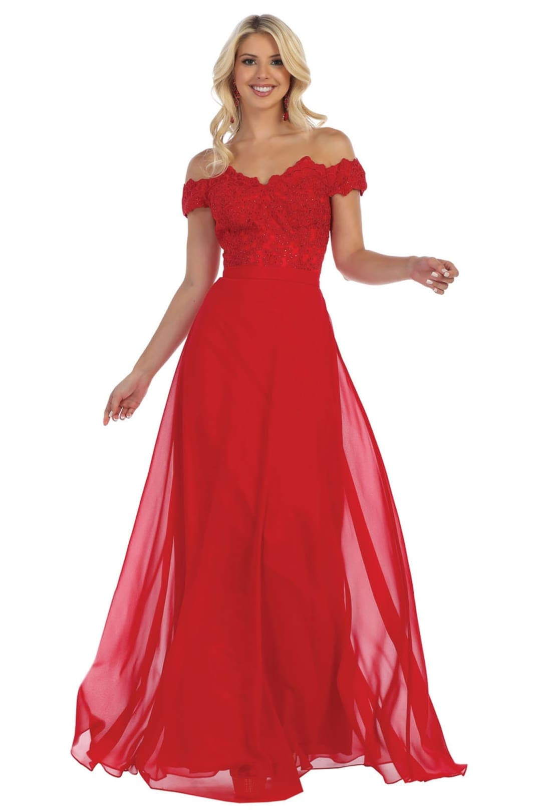 May Queen MQ1601 Off The Shoulder A-Line Corset Back Prom Gown
