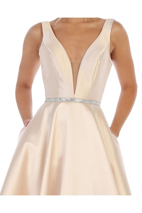 A Line Plunging V Neck Evening Gown Side Pockets Sleeveless Prom Dress