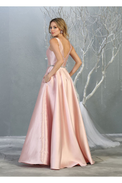 A Line Plunging V Neck Evening Gown Side Pockets Sleeveless Prom Dress