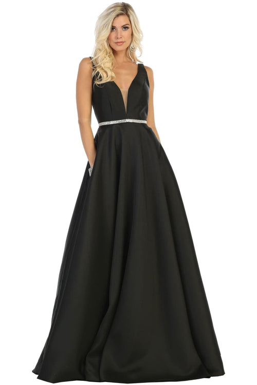 A Line Plunging V Neck Evening Gown Side Pockets Sleeveless Prom Dress