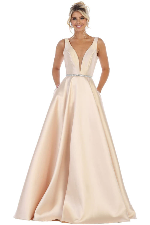 A Line Plunging V Neck Evening Gown Side Pockets Sleeveless Prom Dress