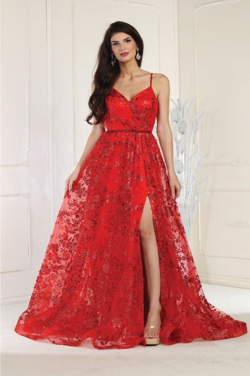 May Queen MQ1787 Glitter V Neck Long Stunning Red Carpet Formal Gown