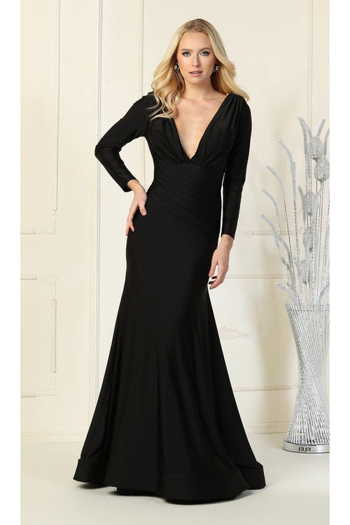 Long Sleeve Formal Gown Stretchy Bodycon Mermaid V-Neck Evening Dress