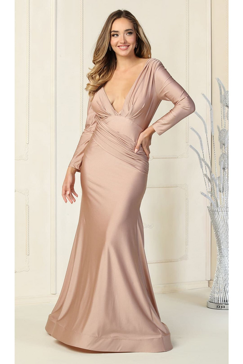 Long Sleeve Formal Gown Stretchy Bodycon Mermaid V-Neck Evening Dress