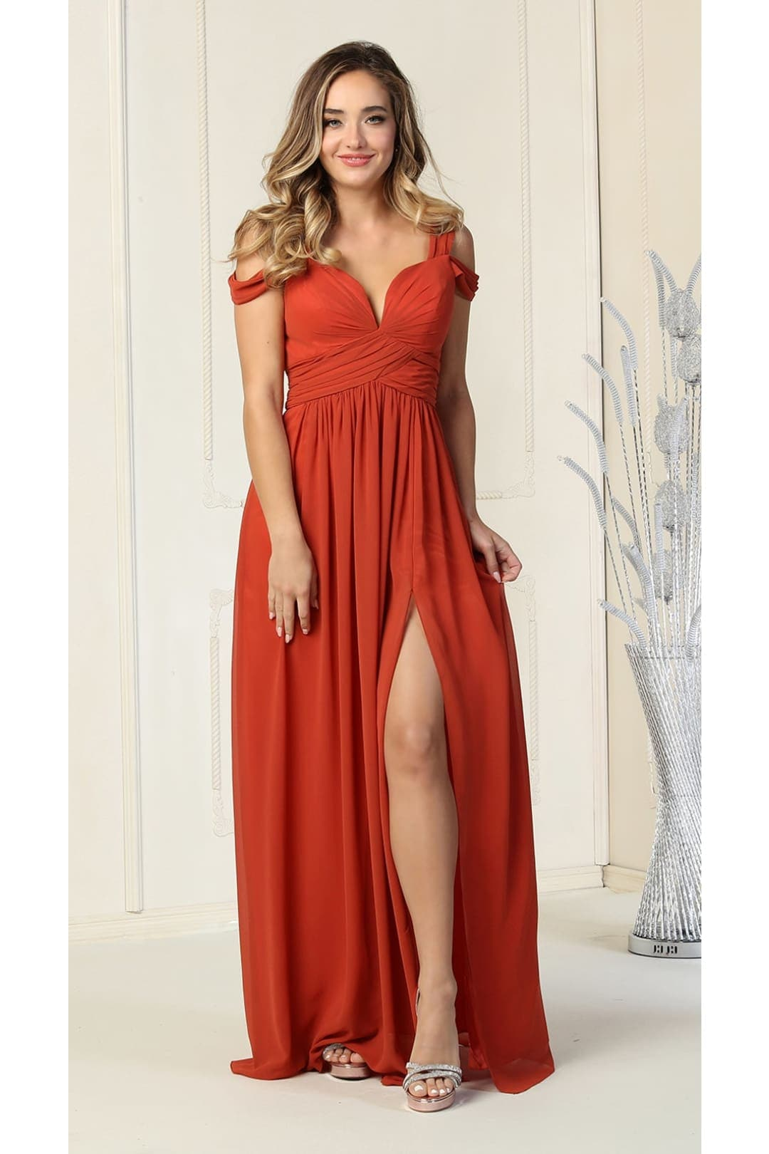 Long Slit Pleated Bridesmaids Cold Shoulder Dress MQ1848