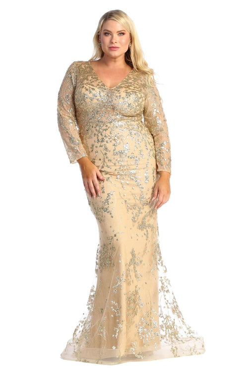 May Queen MQ1850 Long Sleeve Mesh Mermaid Glitter Formal Evening Gown