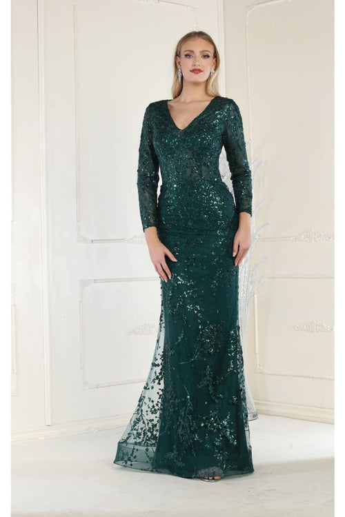 May Queen MQ1850 Long Sleeve Mesh Mermaid Glitter Formal Evening Gown