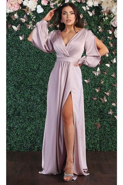 May Queen MQ1857 Split Long Sleeve High Slit Simple Evening Gown