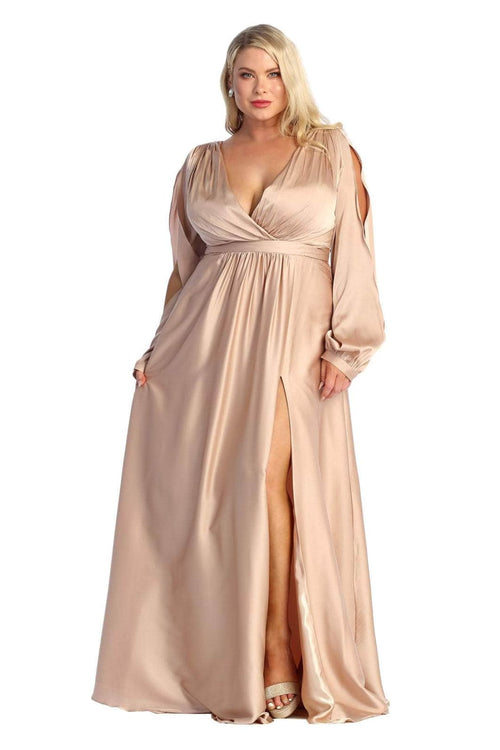 May Queen MQ1857 Split Long Sleeve High Slit Simple Evening Gown