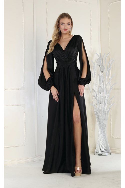 May Queen MQ1857 Split Long Sleeve High Slit Simple Evening Gown