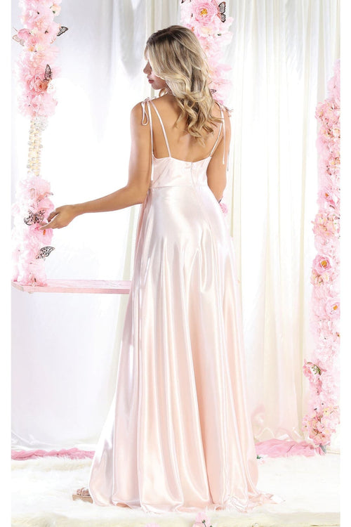 May Queen MQ1901 Scoop Neck High Slit Long Satin Bridesmaid Dress