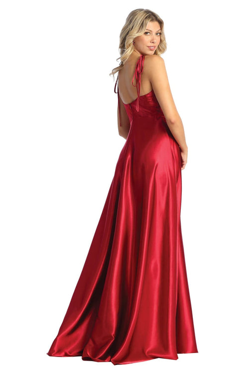 May Queen MQ1901 Scoop Neck High Slit Long Satin Bridesmaid Dress