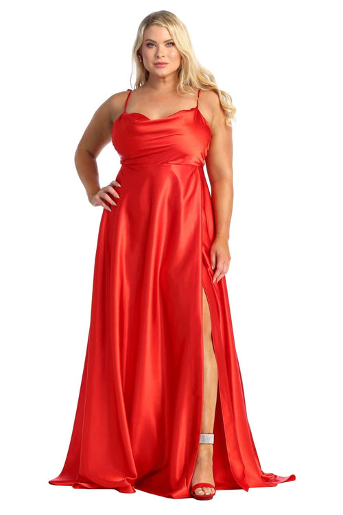 May Queen MQ1901 Scoop Neck High Slit Long Satin Bridesmaid Dress