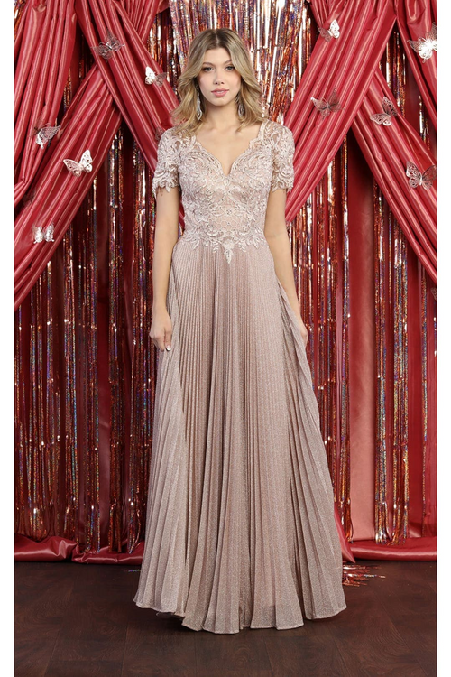 May Queen MQ1902 Short Sleeve Pleated Formal Dress