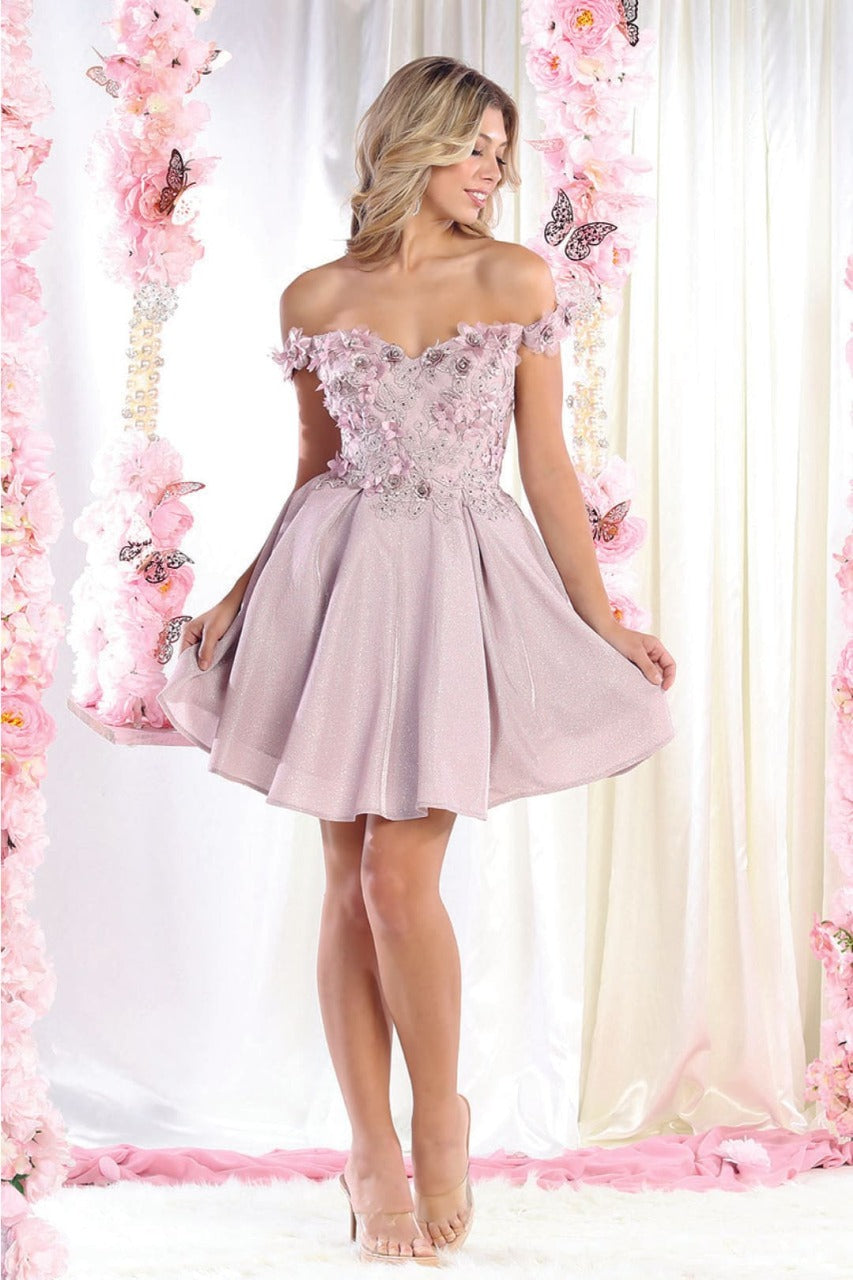 May Queen MQ1906 Off The Shoulder Glitter Short Homecoming Dama Dress - MAUVE / 2 - Dress – SuitUSA
