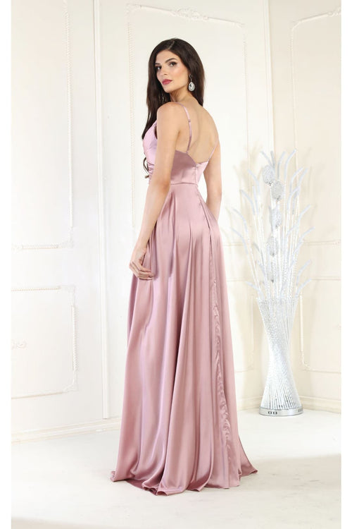 Long Simple Prom Dress V-Neck A-Line Satin Slit Formal Evening Gown by MQ1945