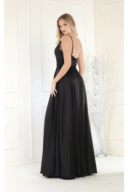Long Simple Prom Dress V-Neck A-Line Satin Slit Formal Evening Gown by MQ1945