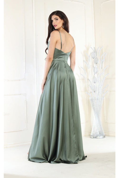 Long Simple Prom Dress V-Neck A-Line Satin Slit Formal Evening Gown by MQ1945