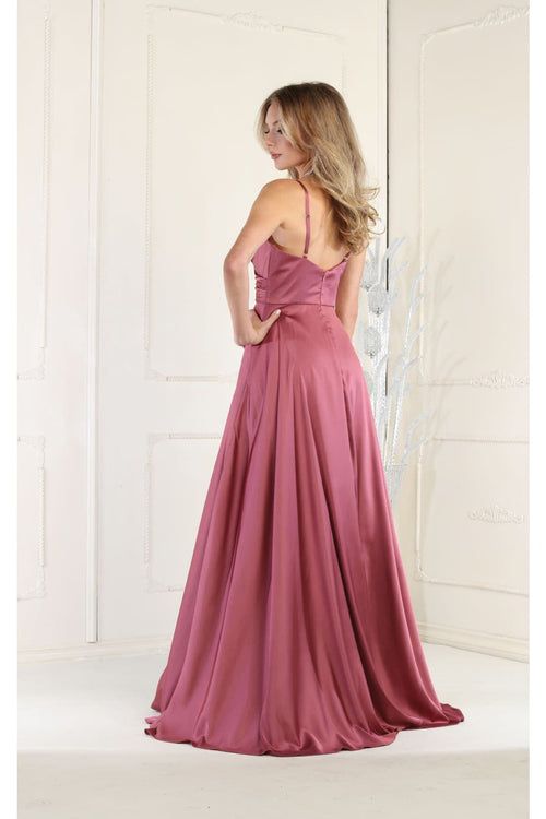 Long Simple Prom Dress V-Neck A-Line Satin Slit Formal Evening Gown by MQ1945