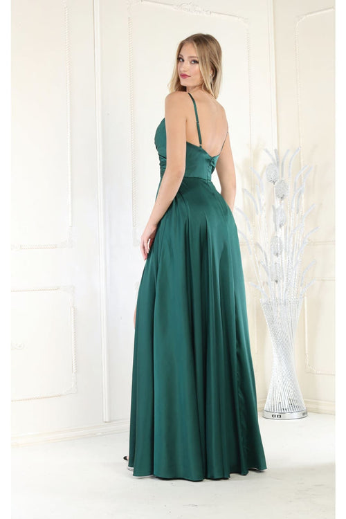 Long Simple Prom Dress V-Neck A-Line Satin Slit Formal Evening Gown by MQ1945