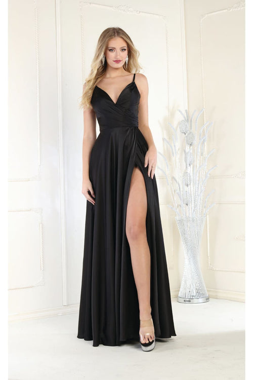 Long Simple Prom Dress V-Neck A-Line Satin Slit Formal Evening Gown by MQ1945