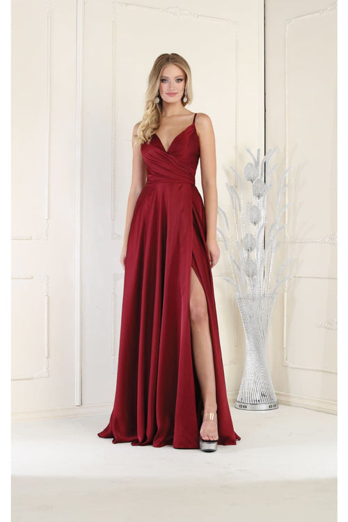 Long Simple Prom Dress V-Neck A-Line Satin Slit Formal Evening Gown by MQ1945
