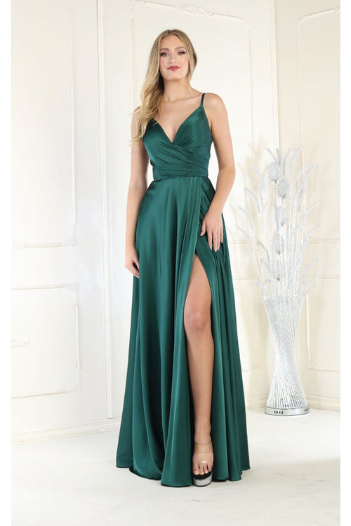 Long Simple Prom Dress V-Neck A-Line Satin Slit Formal Evening Gown by MQ1945