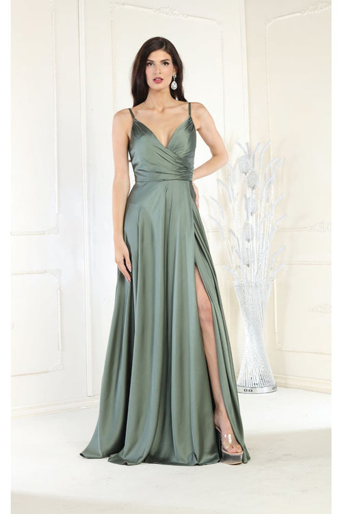Long Simple Prom Dress V-Neck A-Line Satin Slit Formal Evening Gown by MQ1945