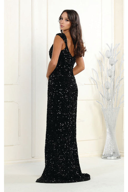 May Queen MQ1957 Off Shoulder V-Neck Long Sequin Dress