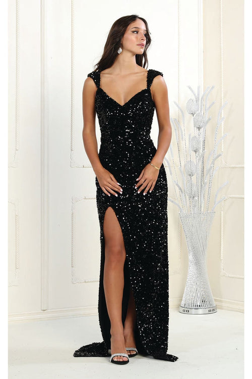 May Queen MQ1957 Off Shoulder V-Neck Long Sequin Dress