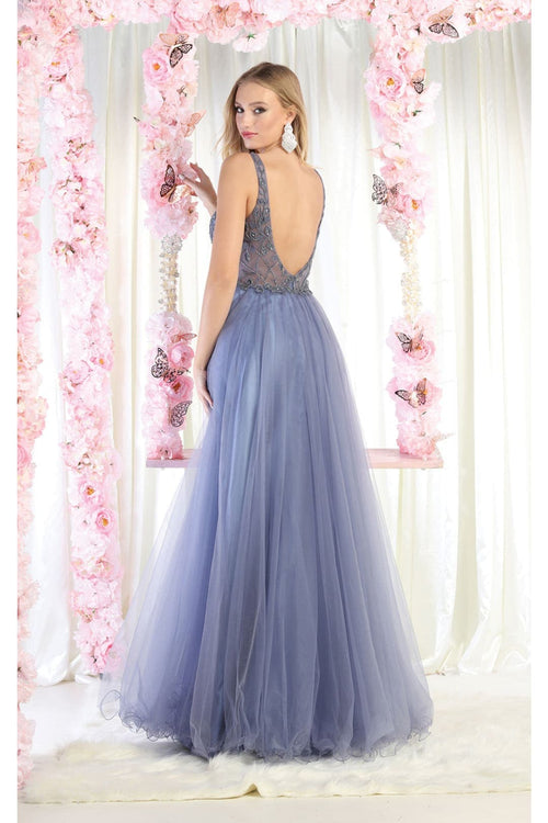 Embroidered A-line Prom Dress Sleeveless V-Neck Evening gown