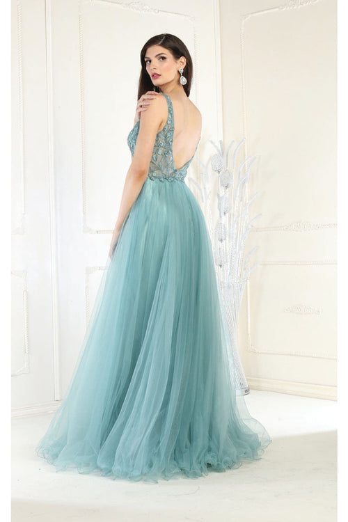 Embroidered A-line Prom Dress Sleeveless V-Neck Evening gown