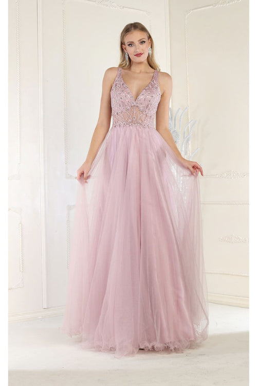 Embroidered A-line Prom Dress Sleeveless V-Neck Evening gown
