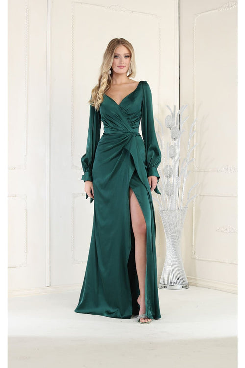May Queen MQ1974 Long Sleeve Satin Evening Dress-New Collection